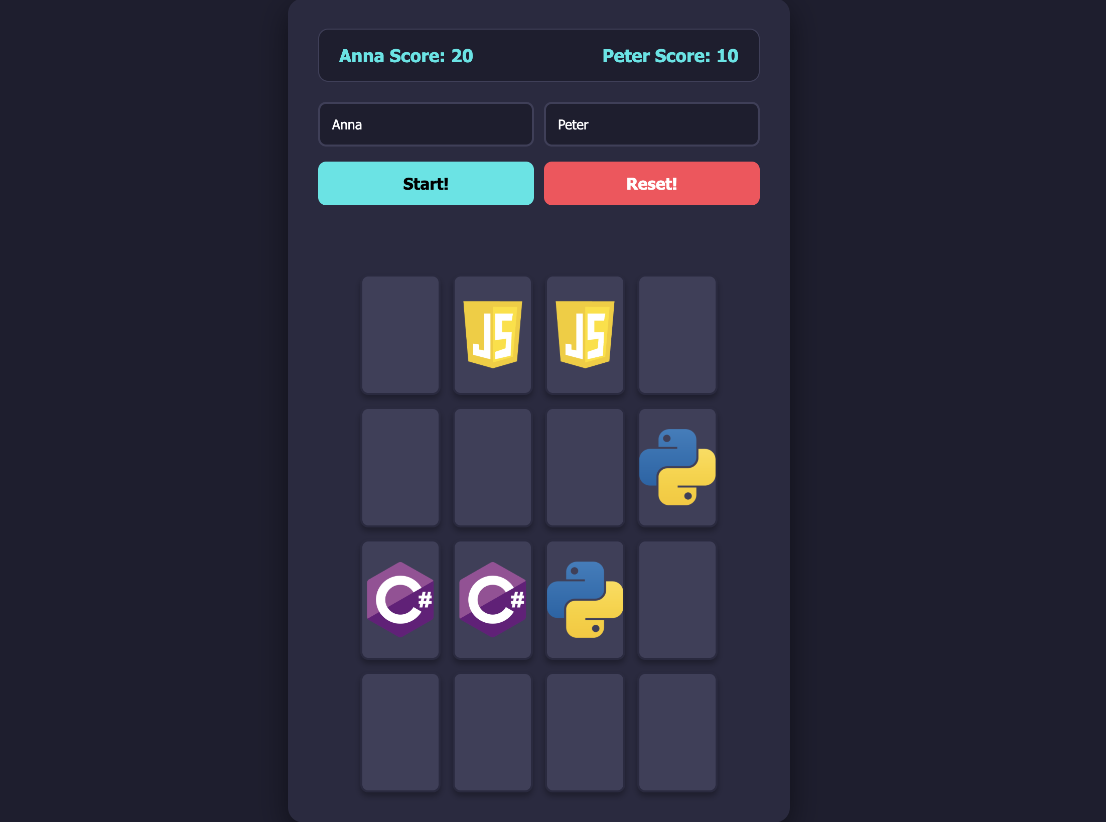 Full view of the Memory Game